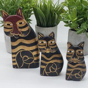 LAUREL Burch Trio Cat Hand Painted Black Gold Wooden Folk Art Figurines